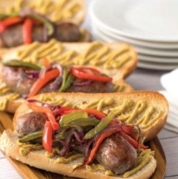 Grilled brats with peppers and onions