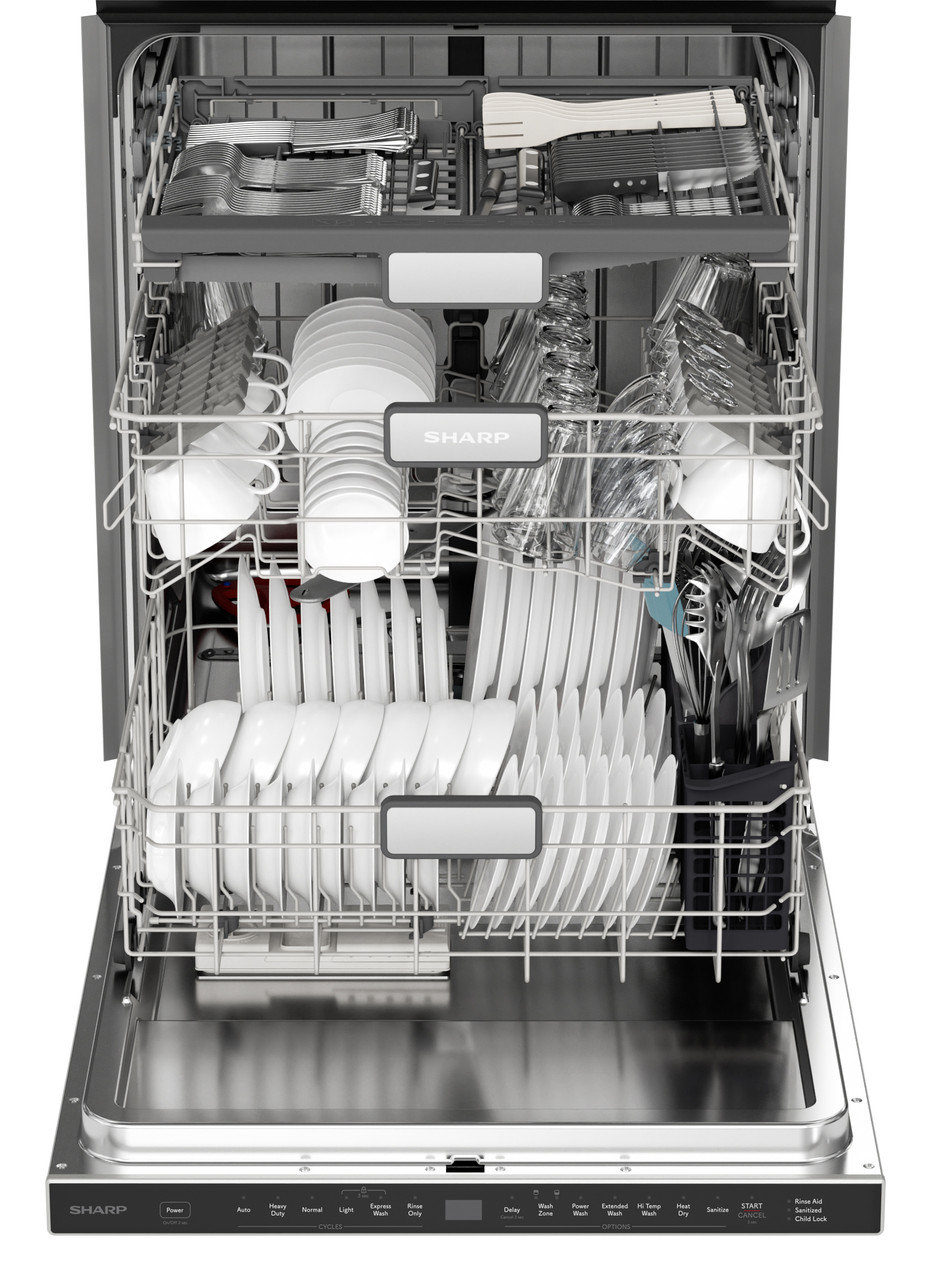 Sharp 24 in. Slide-In Stainless Steel Pocket Dishwasher (SDW6747GS) - Interior Head-on Shot Filled