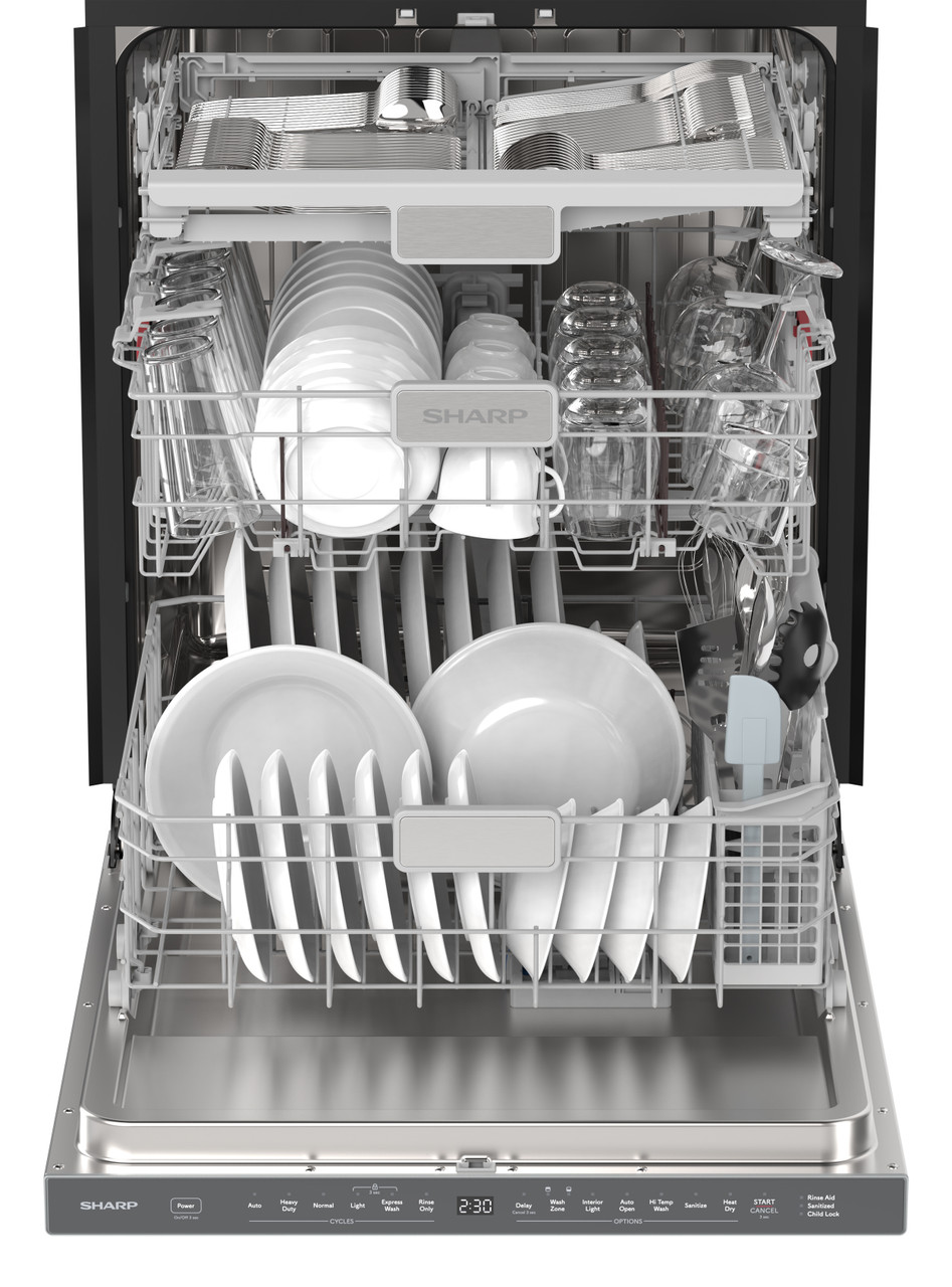 Sharp 24 in. Stainless Steel Dishwasher (SDW6748SNS) Head On Opened Filled