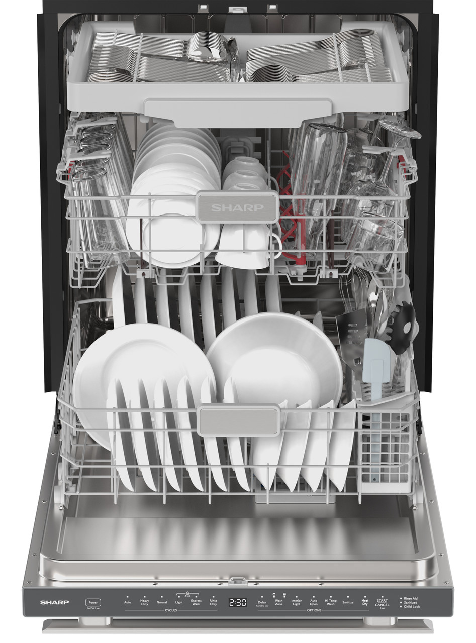 Sharp 24 in. Stainless Steel Dishwasher (SDY6768SMS) Head On Opened Filled