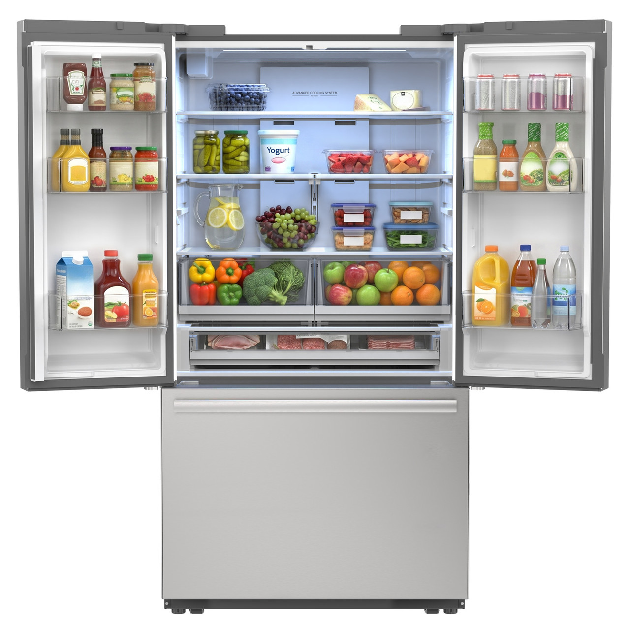 26.5 cu.ft. Counter Depth 36 in. French 3-Door Refrigerator with Internal Water Dispenser in Stainless Steel (SJF2752MS) Head On Open with Food