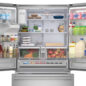 28.9 cu.ft. French 3-Door 36 in. Width Standard Depth Refrigerator with Water Dispenser in Stainless Steel (SJF2955MS) Head On Open with Food