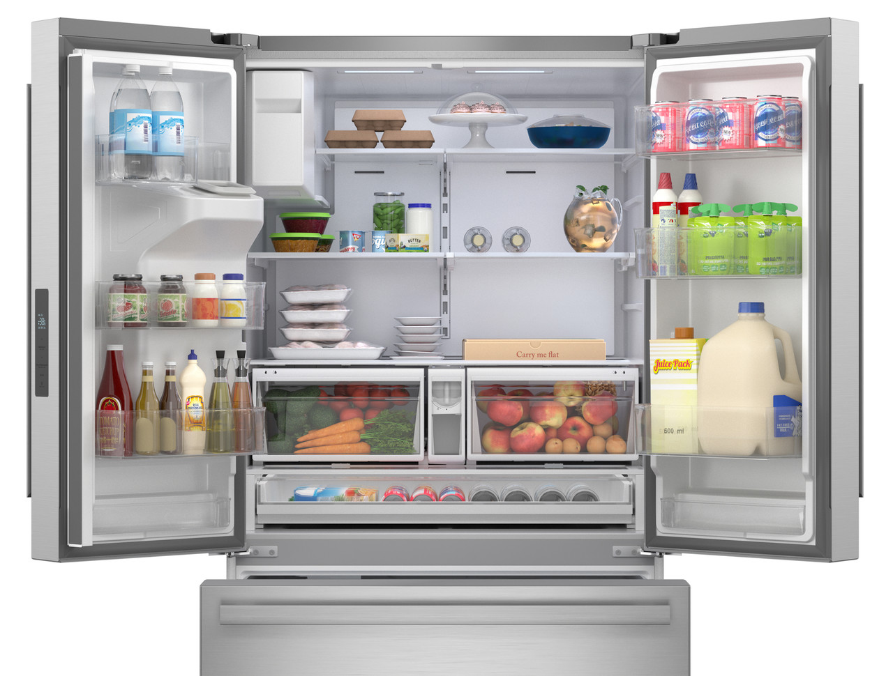28.9 cu.ft. French 3-Door 36 in. Width Standard Depth Refrigerator with Water Dispenser in Stainless Steel (SJF2955MS) Head On Open with Food