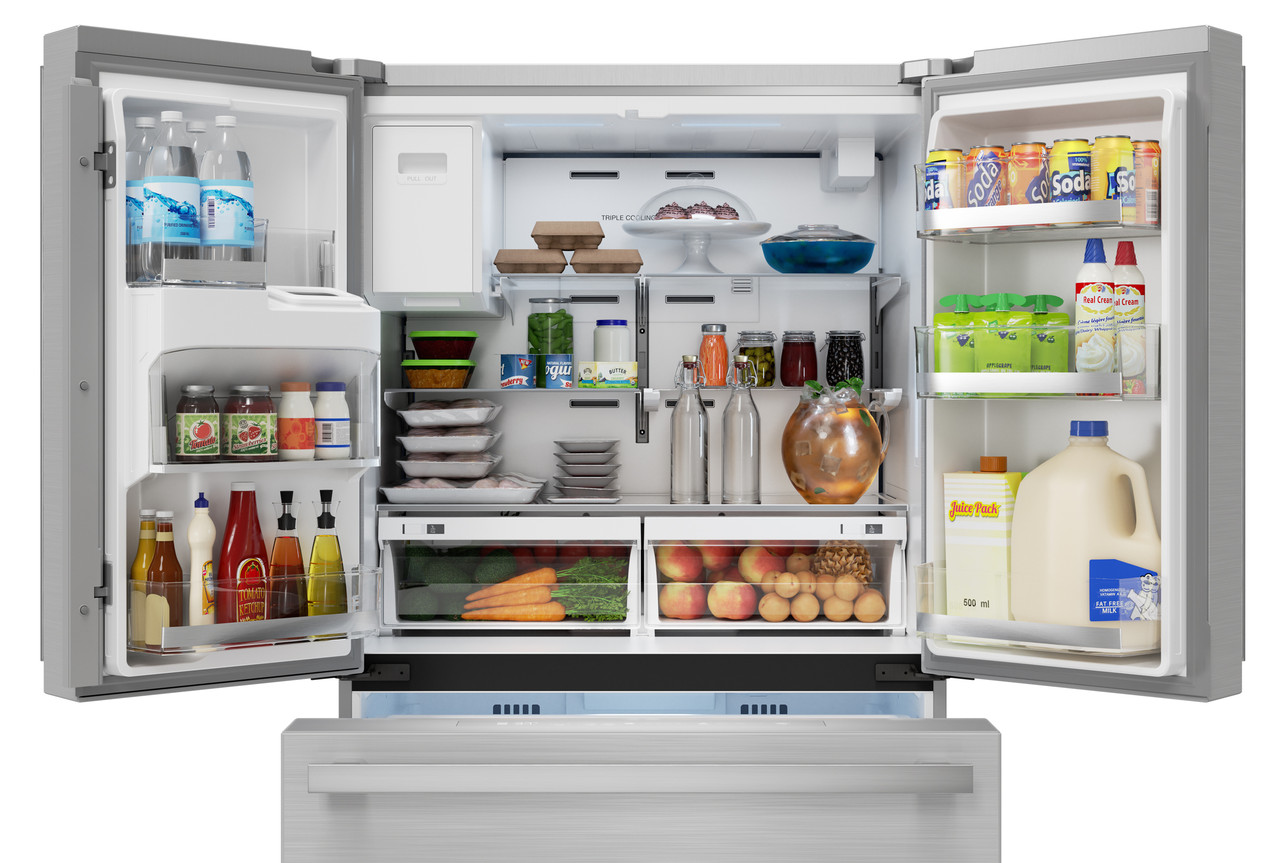 Sharp French 4-Door Counter-Depth Refrigerator with Water Dispenser (SJG2254FS) head on with food