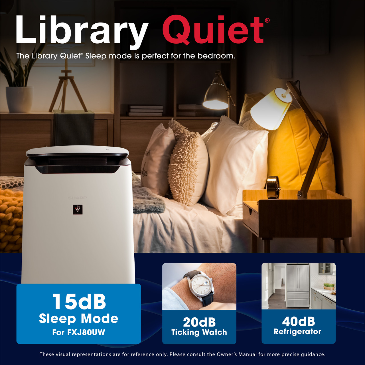 Sharp Smart True HEPA Large Room Air Purifier with Plasmacluster® Ion Technology (FXJ80UW) library quiet infographic