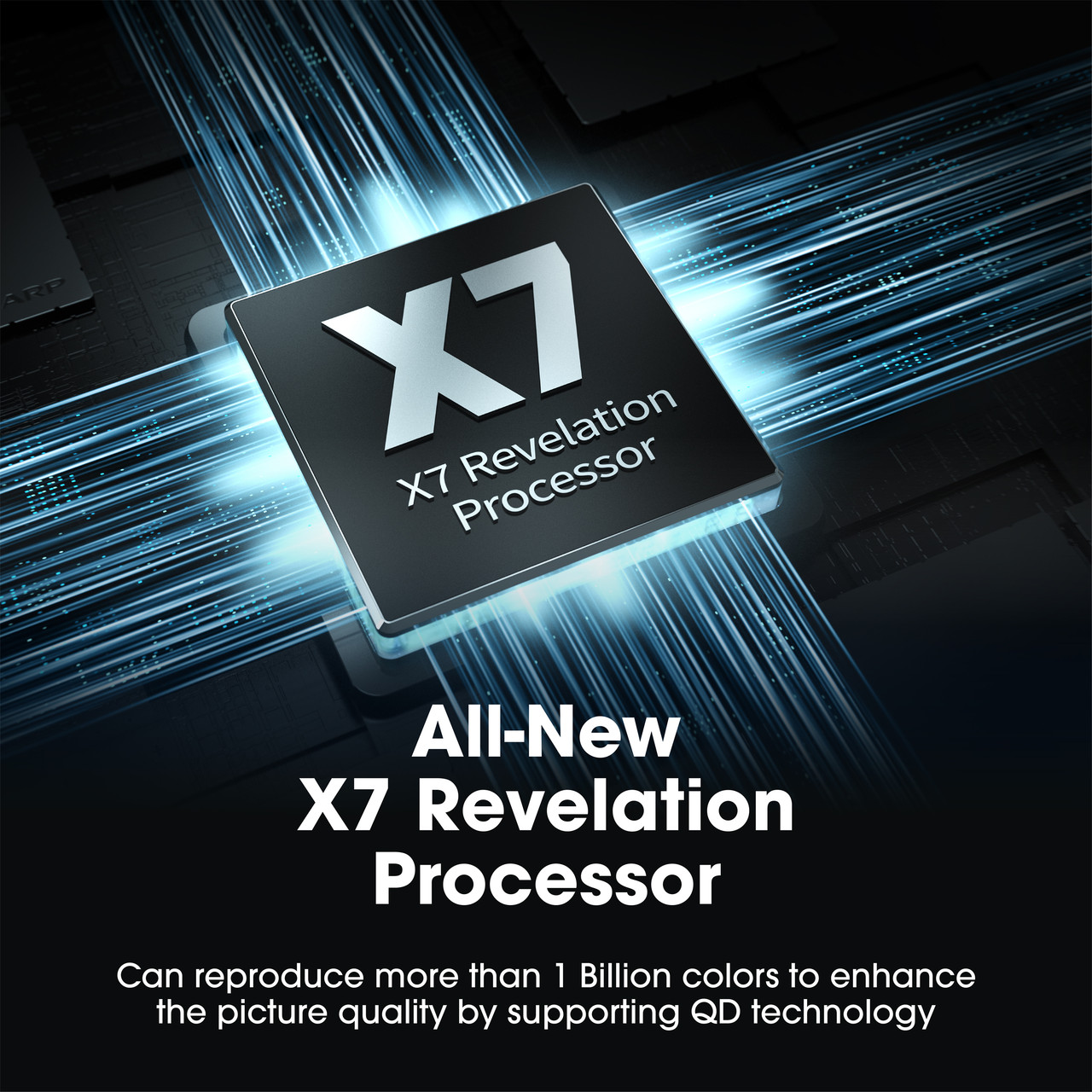 AQUOS QLED 4K Ultra HD Smart Xumo TV 4T-C85HP7050U X7 Revelation Processor Infographic