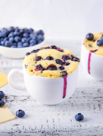 mug with blueberry cake baked in it