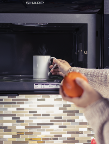 person placing a mug inside a microwave