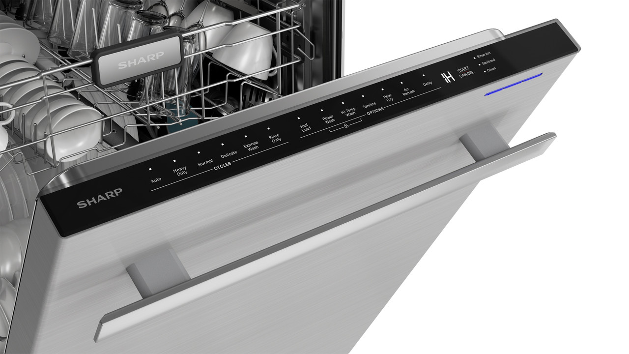 Sharp 24 in. Stainless Steel Dishwasher (SDW6757ES) – control panel viewed from the front with door open