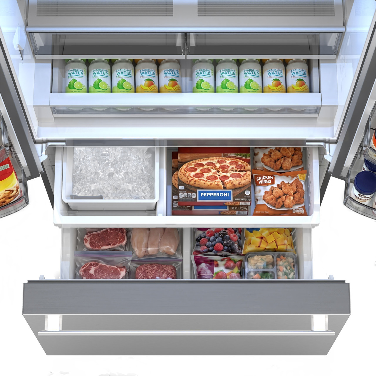 26.5 cu.ft. Counter Depth 36 in. French 3-Door Refrigerator with Internal Water Dispenser in Stainless Steel (SJF2752MS) Freezer Open with Food