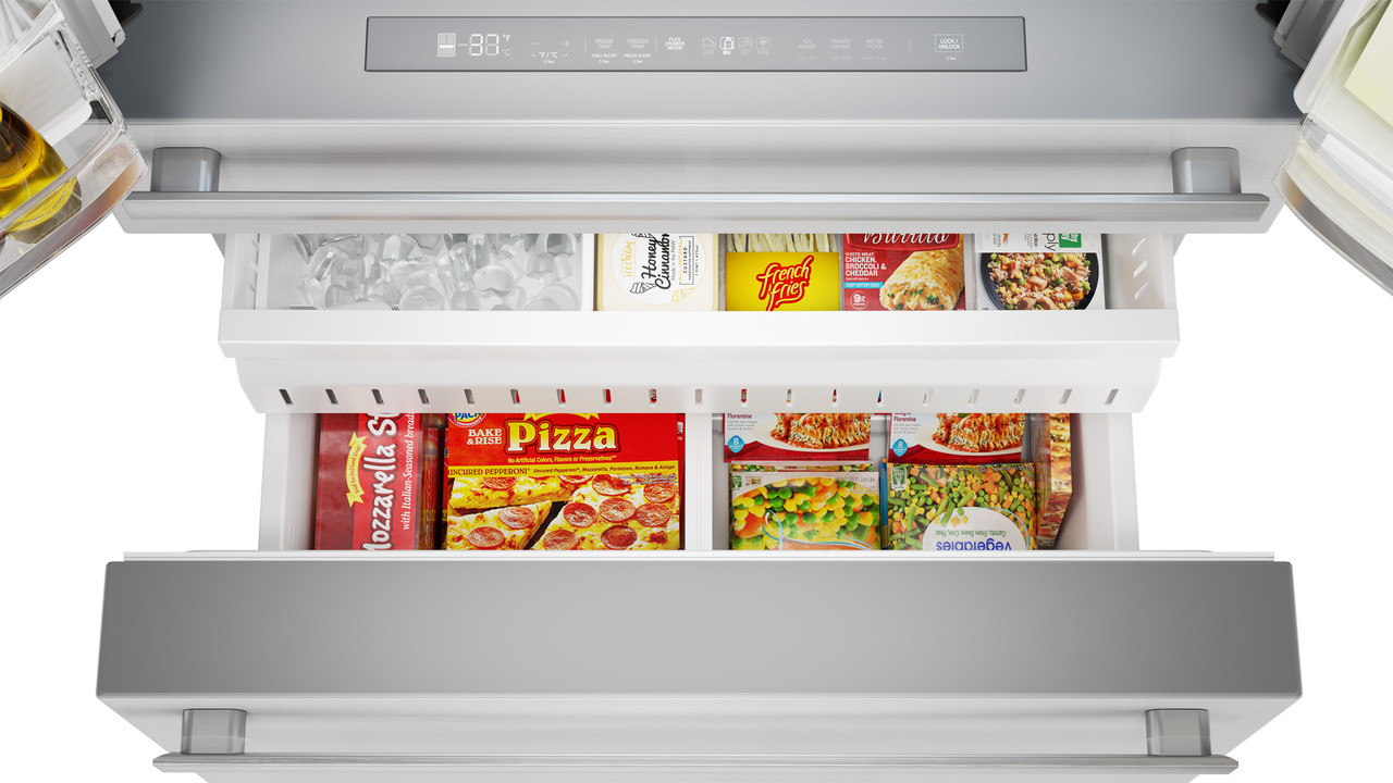 Sharp French 4-Door Counter-Depth Refrigerator with Water Dispenser (SJG2254FS) bottom freezer drawer with food