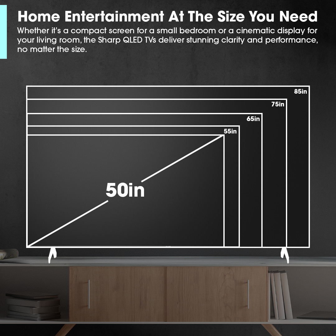 Sharp AQUOS QLED 55” Class (49.5” Diag.) 4K Ultra HD Smart TV (4T-C55HP7050U) Sizing Infographic