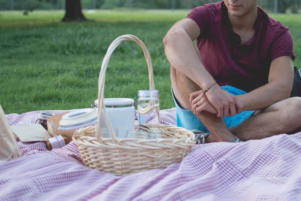 person sitting on a picnic blanket outside