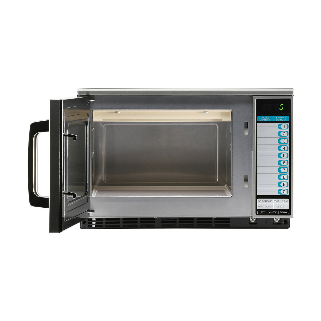 Sharp R25JTF Heavy-Duty Commercial Microwave Oven with 2100 Watts – front view with door open