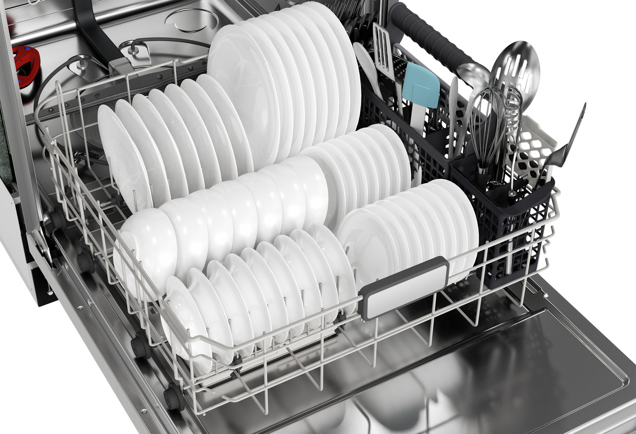 Sharp 24 in. Slide-In Stainless Steel Pocket Dishwasher (SDW6747GS) - Interior Bottom Rack filled