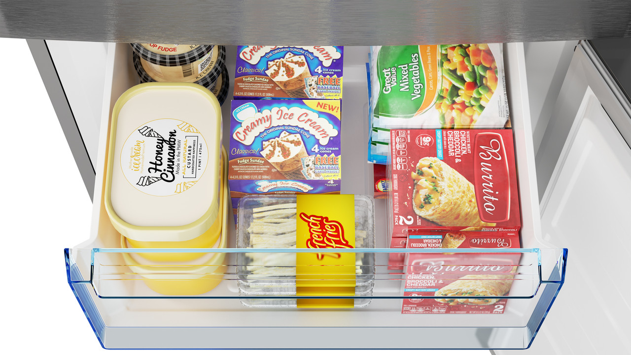 Sharp 24 in. Bottom-Freezer Counter-Depth Refrigerator (SJB1255GS) with food