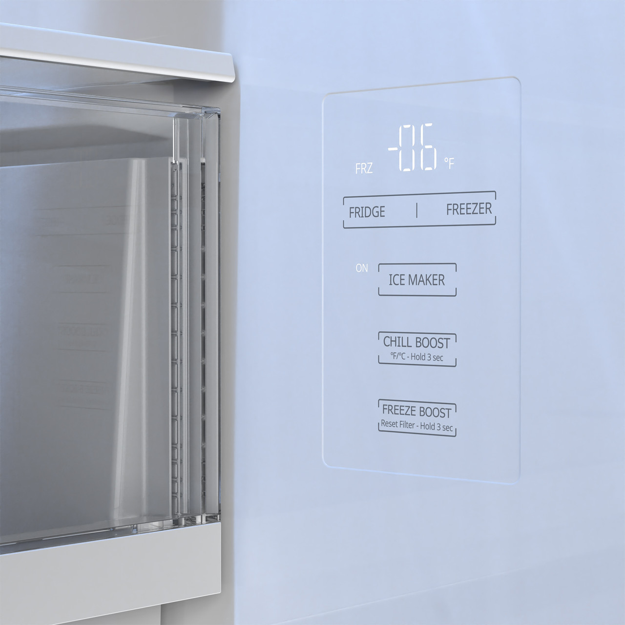 26.5 cu.ft. Counter Depth 36 in. French 3-Door Refrigerator with Internal Water Dispenser in Stainless Steel (SJF2752MS) Internal Control Panel
