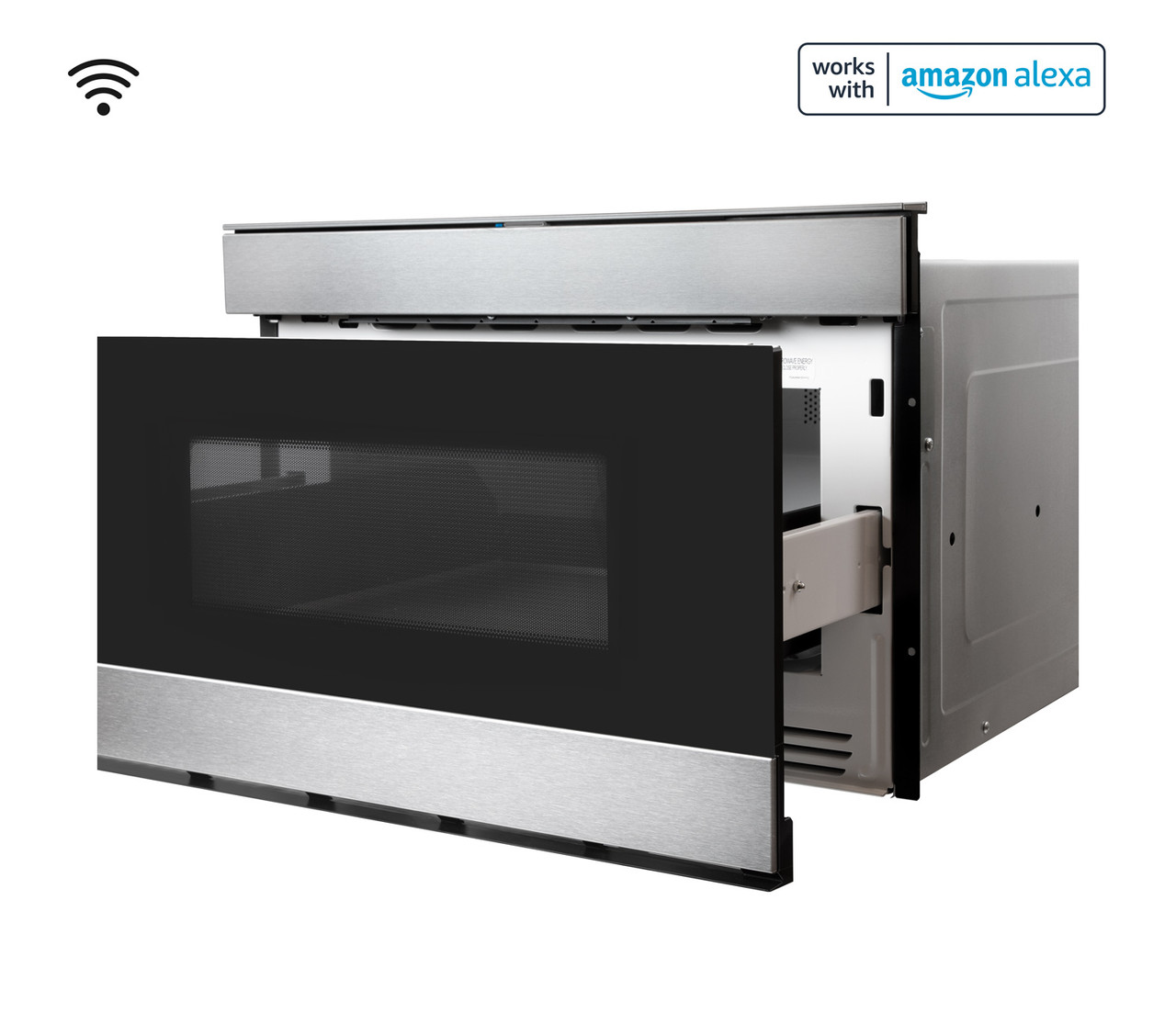 24 in. Sharp Stainless Steel Smart Microwave Drawer Oven (SMD2489ES) Works with Alexa, and the Sharp Kitchen App -  left angle open view