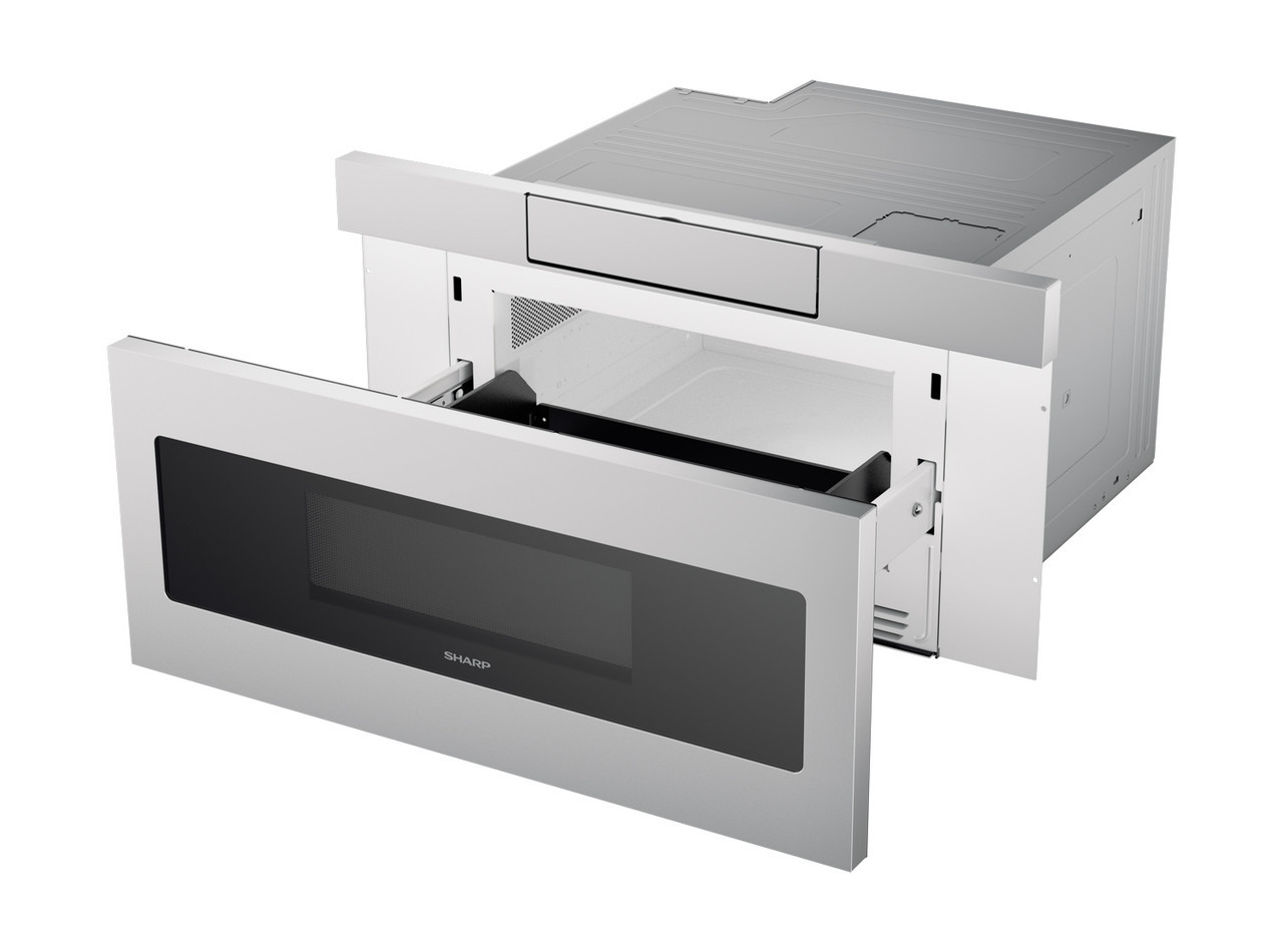 30 in. 1.2 cu. ft. 950W Sharp Stainless Steel Microwave Drawer Oven (SMD3070ASY) right angle open