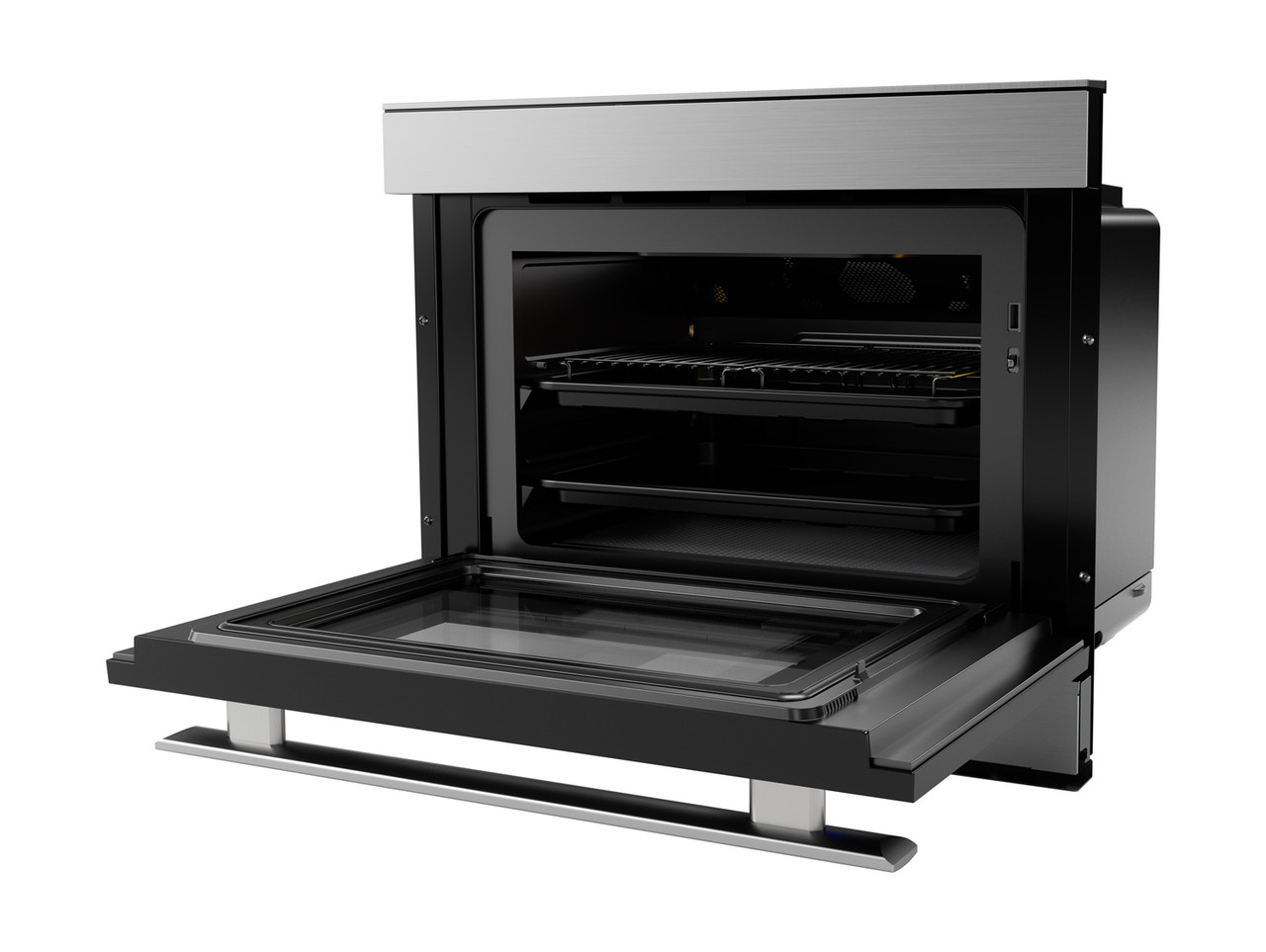 Left side view of the SuperSteam+ Smart Oven (SSC2489DS) with door open - Sharp’s Superheated Steam Oven