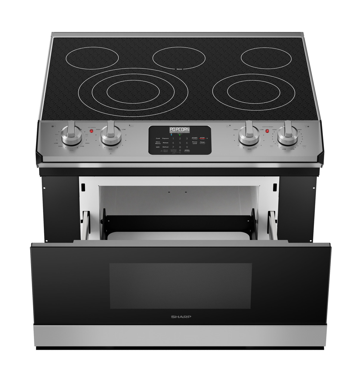 Smart Radiant Rangetop with Microwave Drawer™ Oven (STR3065HS) top front view drawer open