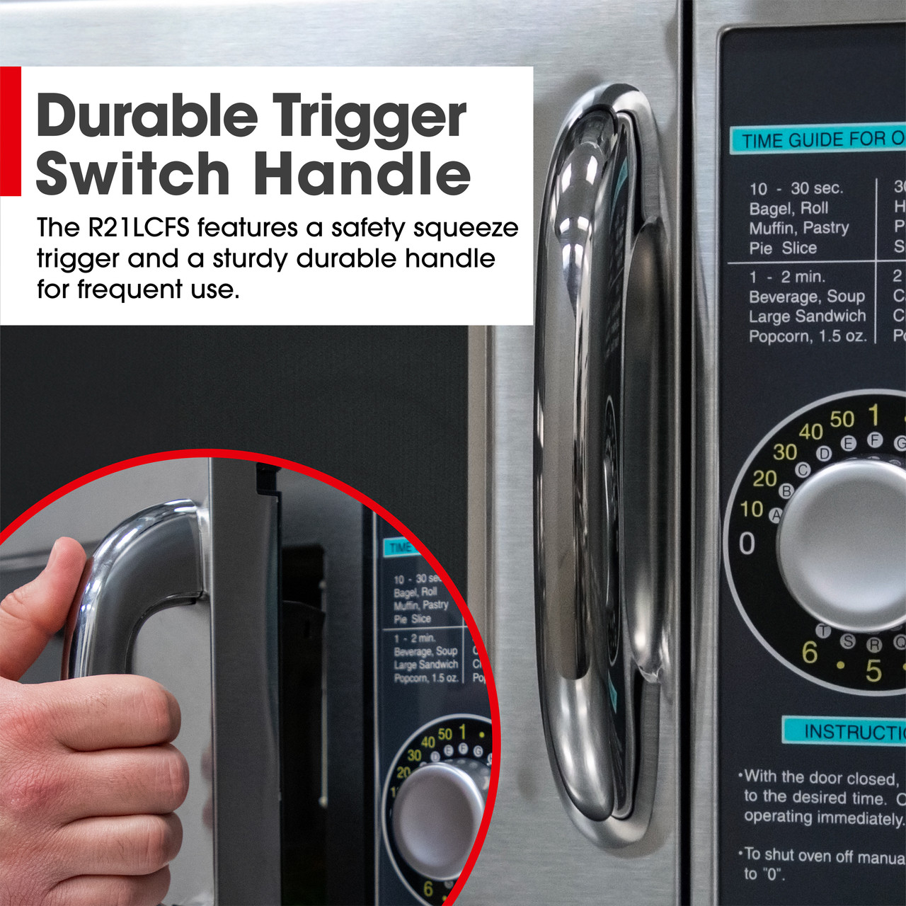 Medium-Duty Commercial Microwave Oven with 1000 Watts (R21LCFS) Switch Handle Infographic