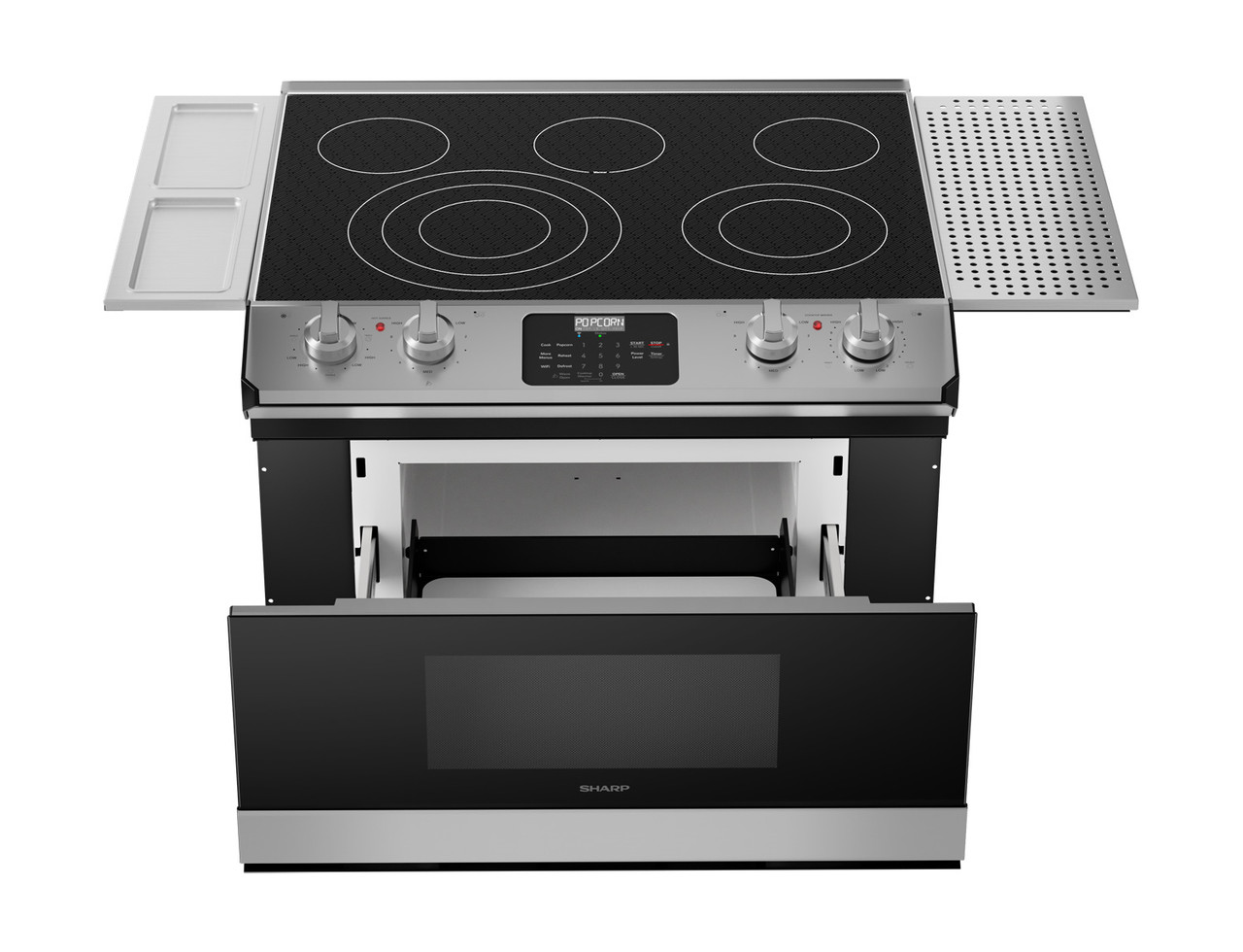 Smart Radiant Rangetop with Microwave Drawer™ Oven (STR3065HS) with Side Accessories front drawer open
