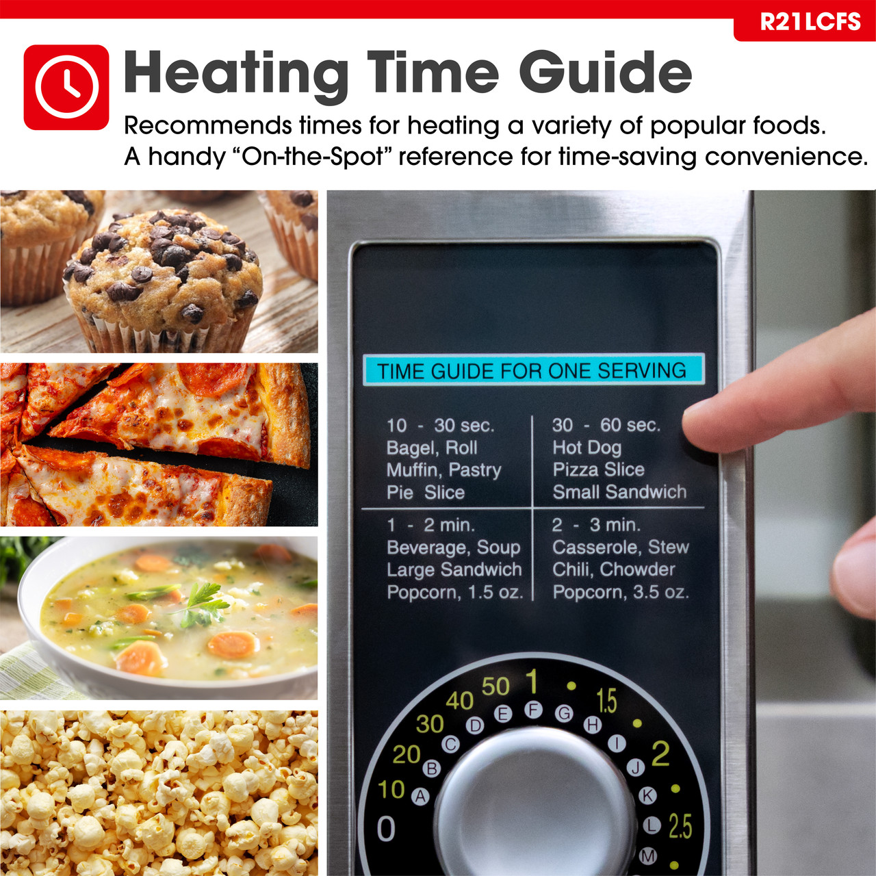 Medium-Duty Commercial Microwave Oven with 1000 Watts (R21LCFS) Heating Time Guide Infographic