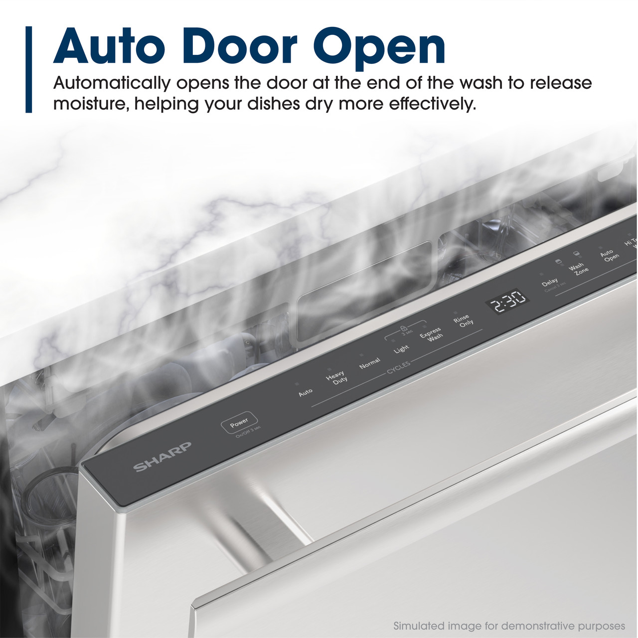 Sharp 24 in. Stainless Steel Dishwasher (SDY6735DNS) Auto Door Open Infographic