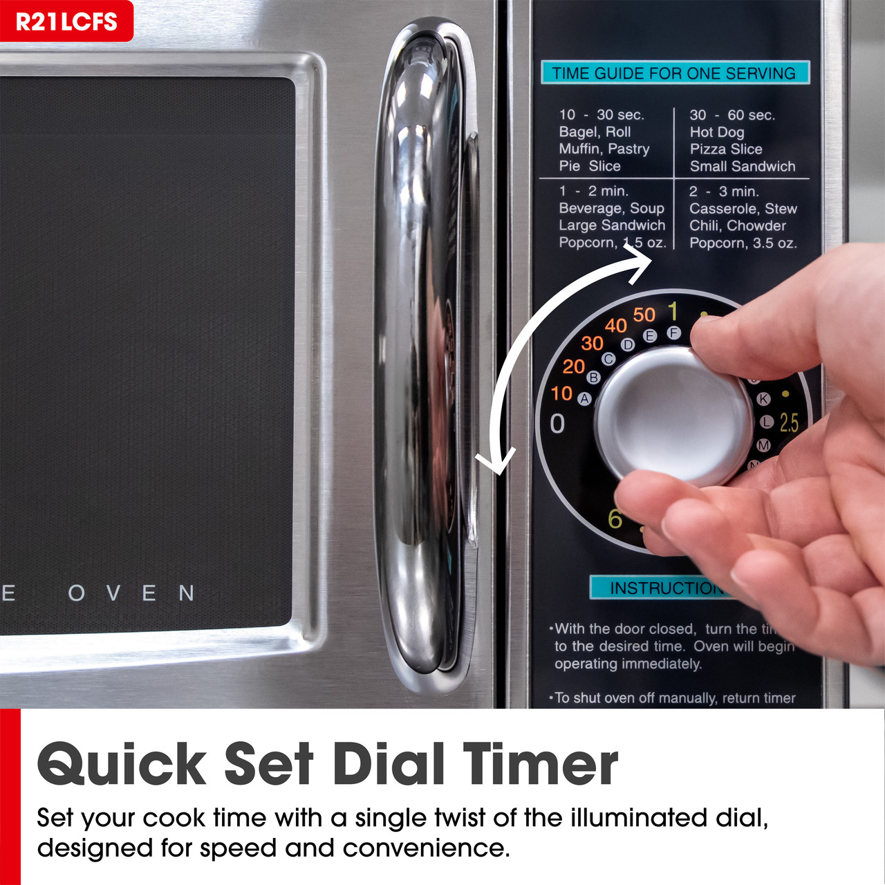 Medium-Duty Commercial Microwave Oven with 1000 Watts (R21LCFS) Dial Timer Infographic