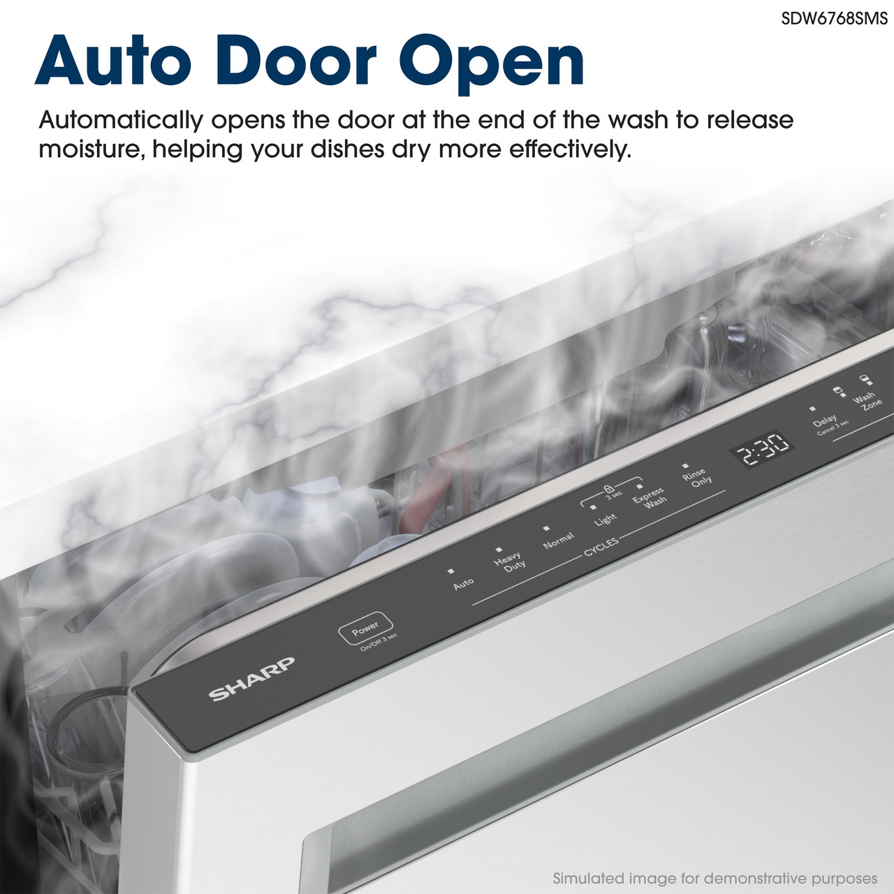 Sharp 24 in. Stainless Steel Dishwasher (SDW6768SMS) Auto Door Open Infographic