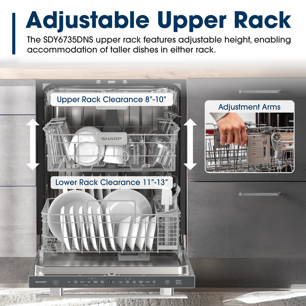 Sharp 24 in. Stainless Steel Dishwasher (SDY6735DNS) Adjustable Upper Rack Infographic
