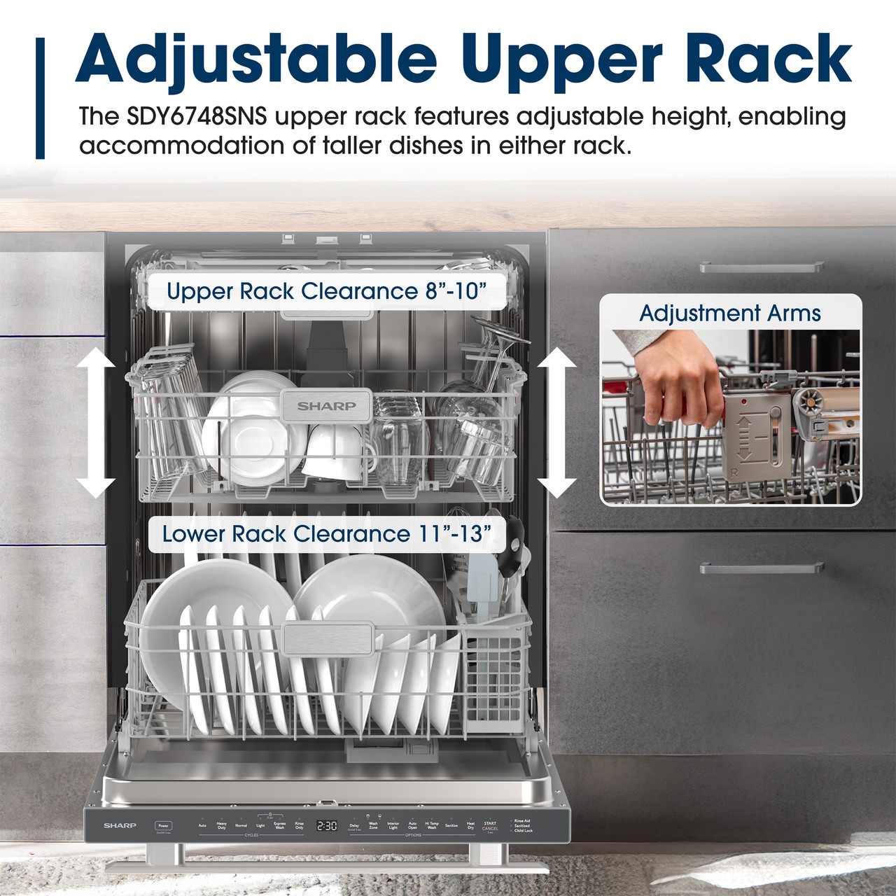 Sharp 24 in. Stainless Steel Dishwasher (SDY6748SNS) Adjustable Upper Rack Infographic