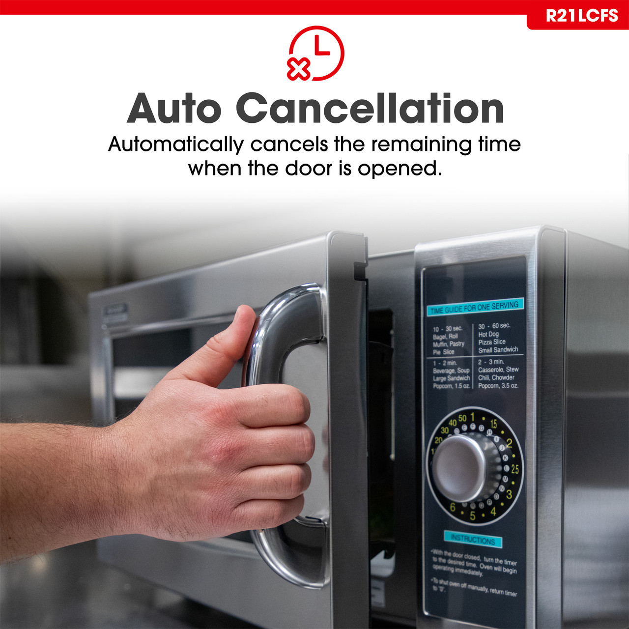 Medium-Duty Commercial Microwave Oven with 1000 Watts (R21LCFS) Auto Cancellation Infographic