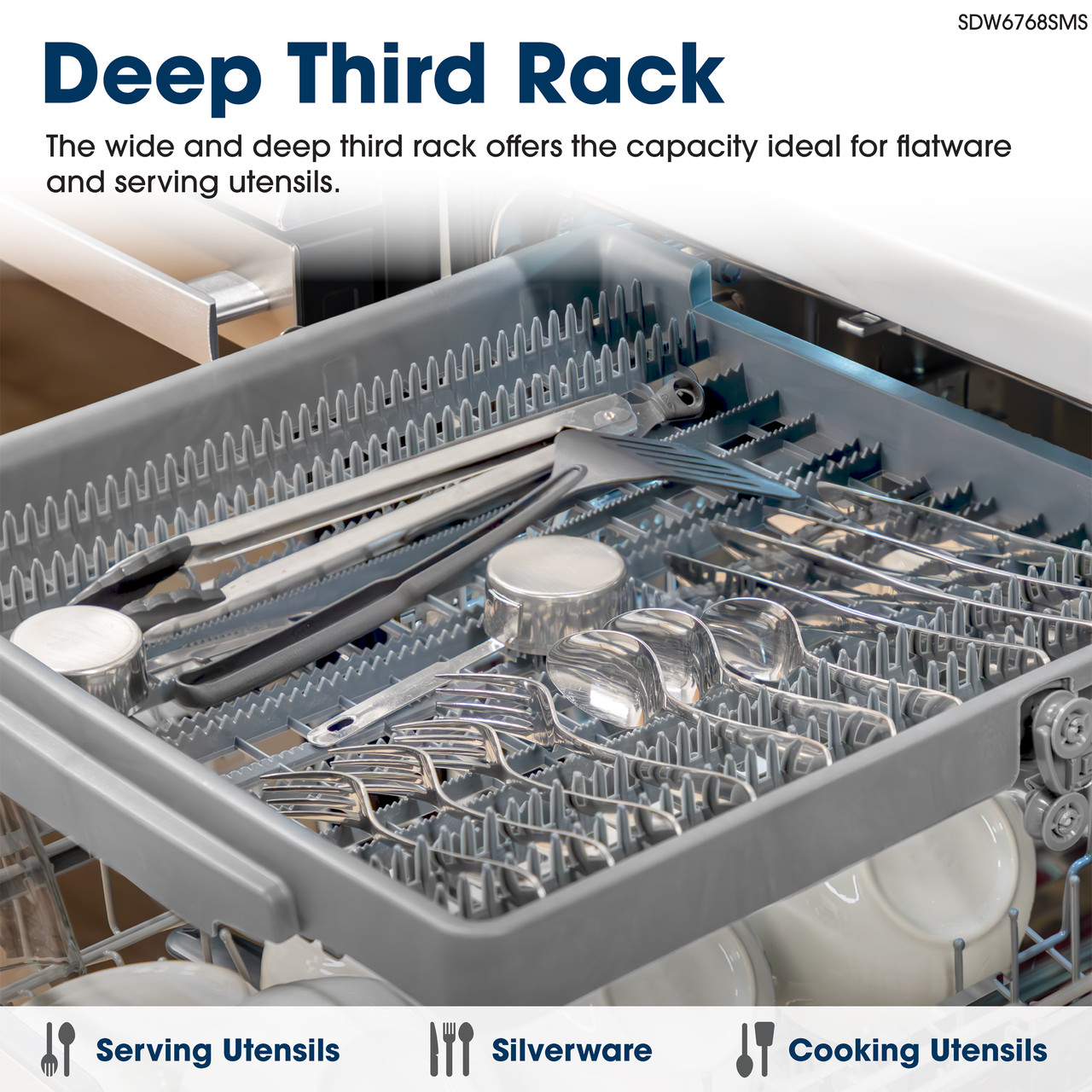 Sharp 24 in. Stainless Steel Dishwasher (SDW6768SMS) Deep Third Rack Infographic