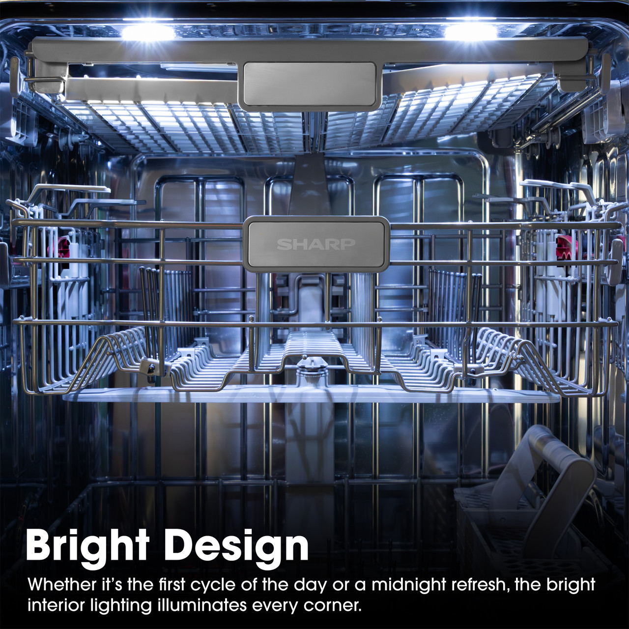 Sharp 24 in. Stainless Steel Dishwasher (SDY6748SNS) Bright LED Interior Infographic