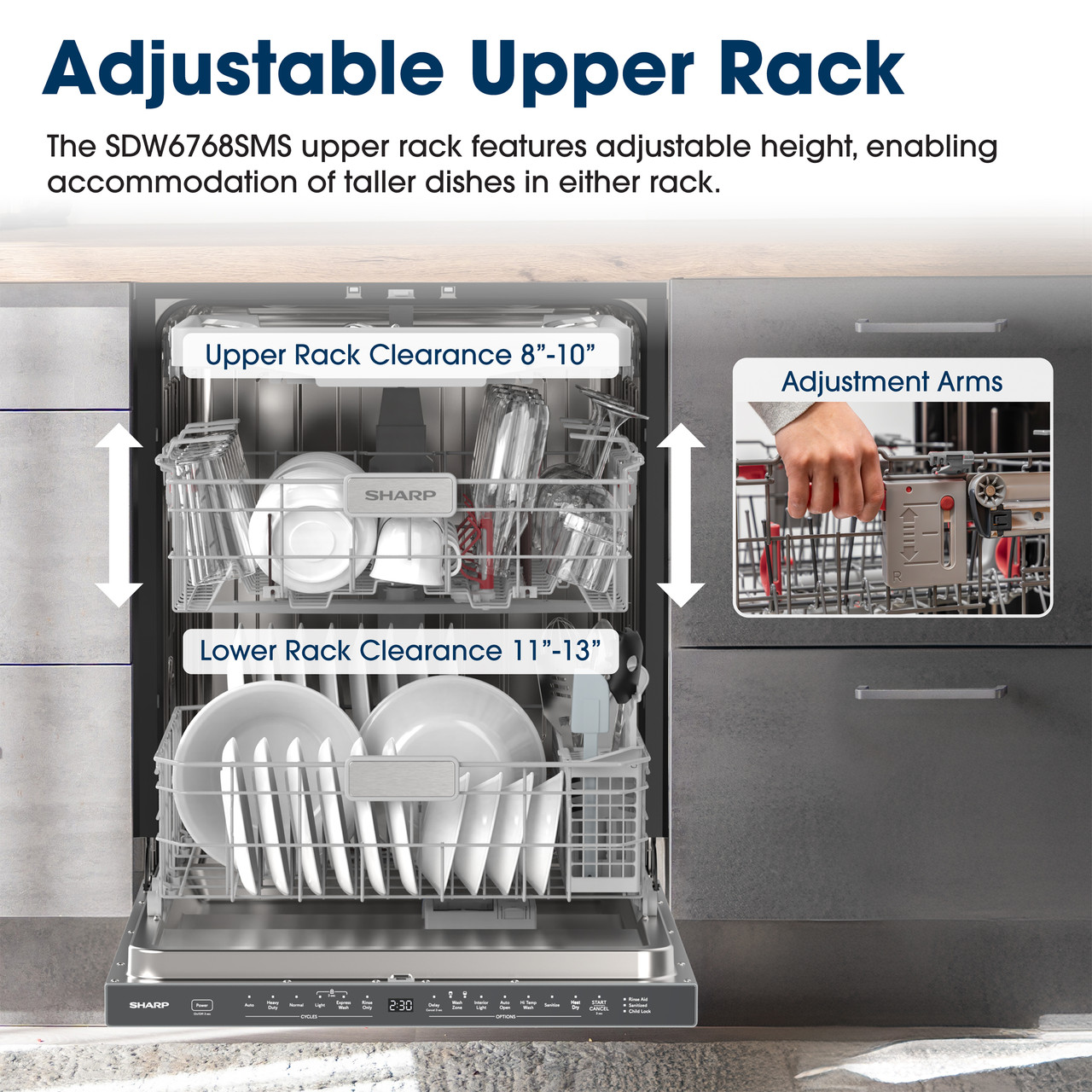 Sharp 24 in. Stainless Steel Dishwasher (SDW6768SMS) Adjustable Upper Rack Infographic
