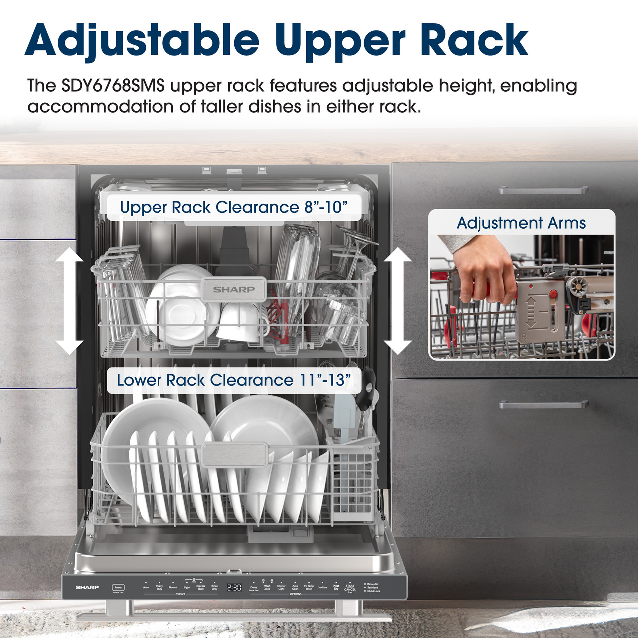 Sharp 24 in. Stainless Steel Dishwasher (SDY6768SMS) Adjustable Upper Rack Infographic