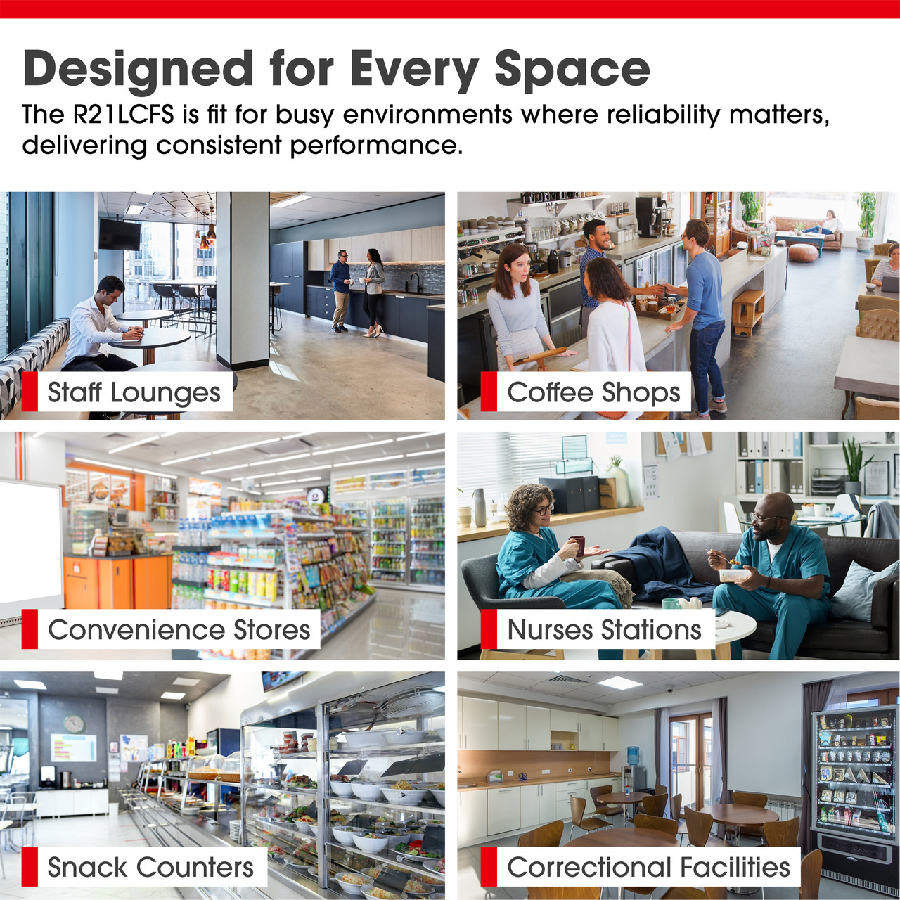 Medium-Duty Commercial Microwave Oven with 1000 Watts (R21LCFS) Spacial Versatility Infographic