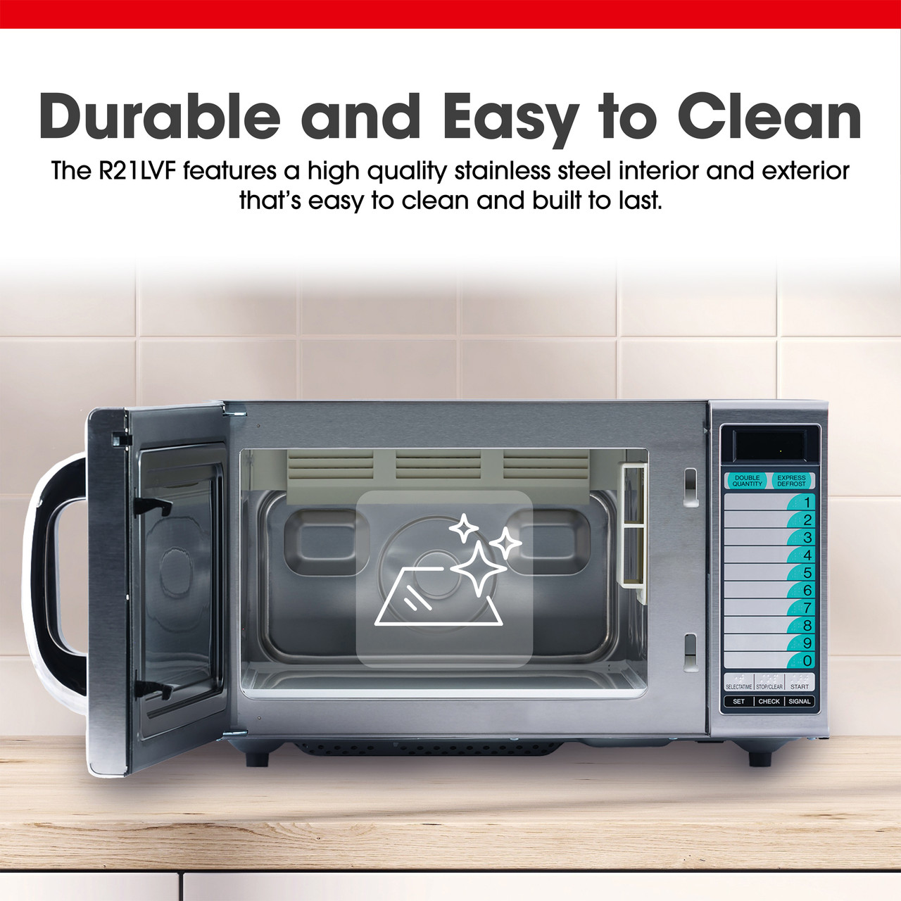 Medium-Duty Commercial Microwave Oven with 1000 Watts (R21LCFS) Cleaning Infographic