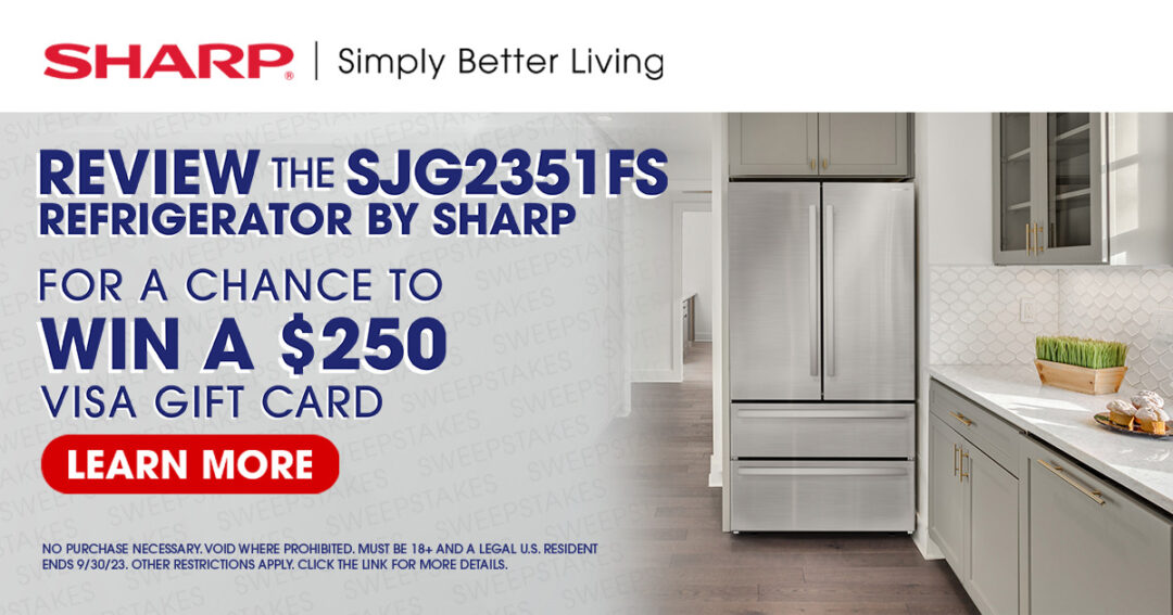 Sweepstakes promotional banner for Sharp SJG2351FS