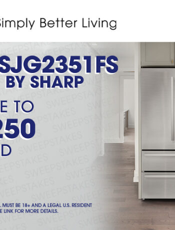 Sweepstakes promotional banner for Sharp SJG2351FS