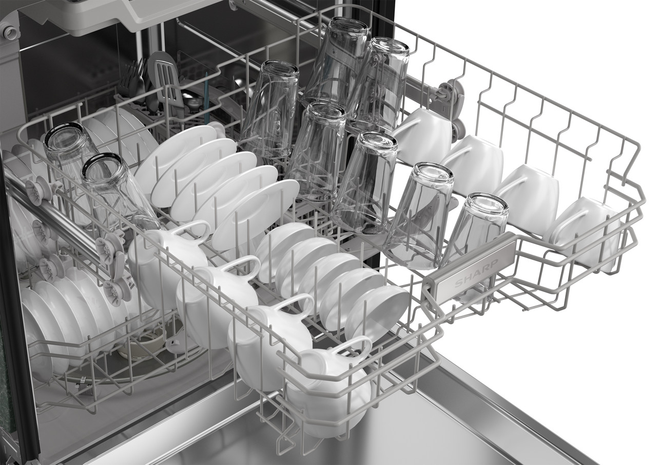 24 in. Slide-In Stainless Steel Hybrid Dishwasher (SDW6506JS) middle rack filled with dishes