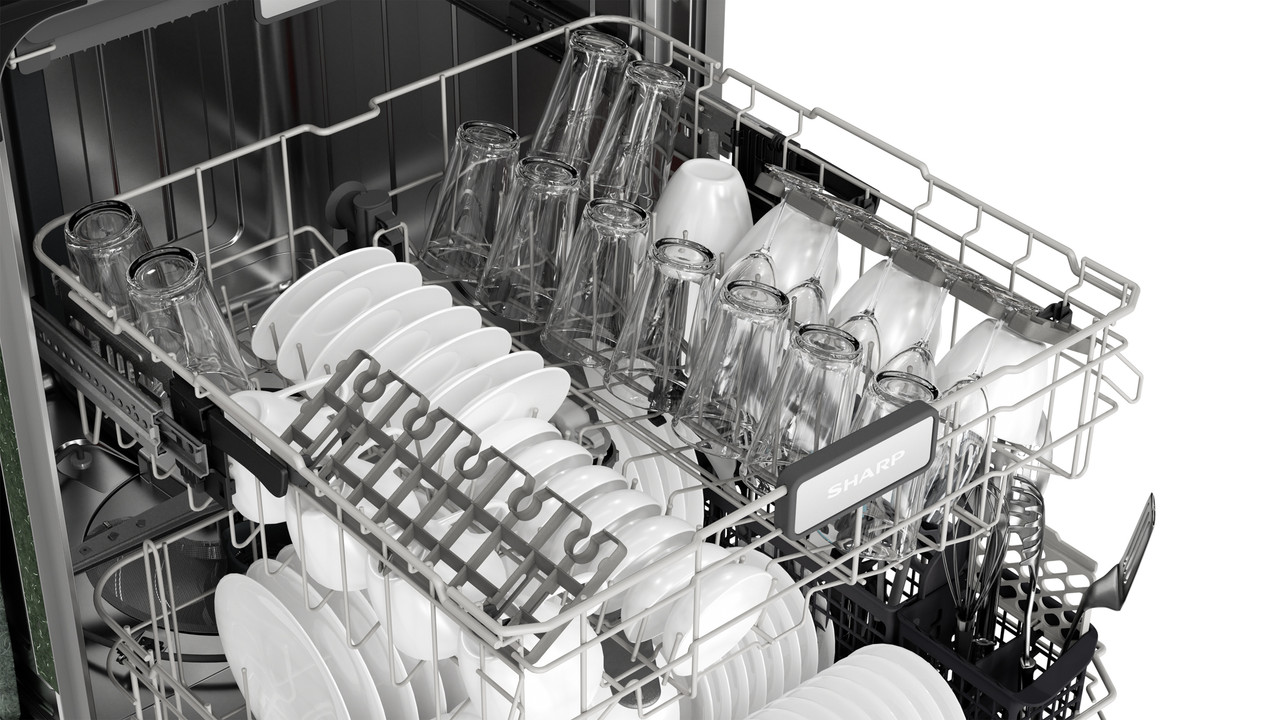 Sharp 24 in. Stainless Steel Dishwasher (SDW6757ES) –  middle rack extended filled with dishes