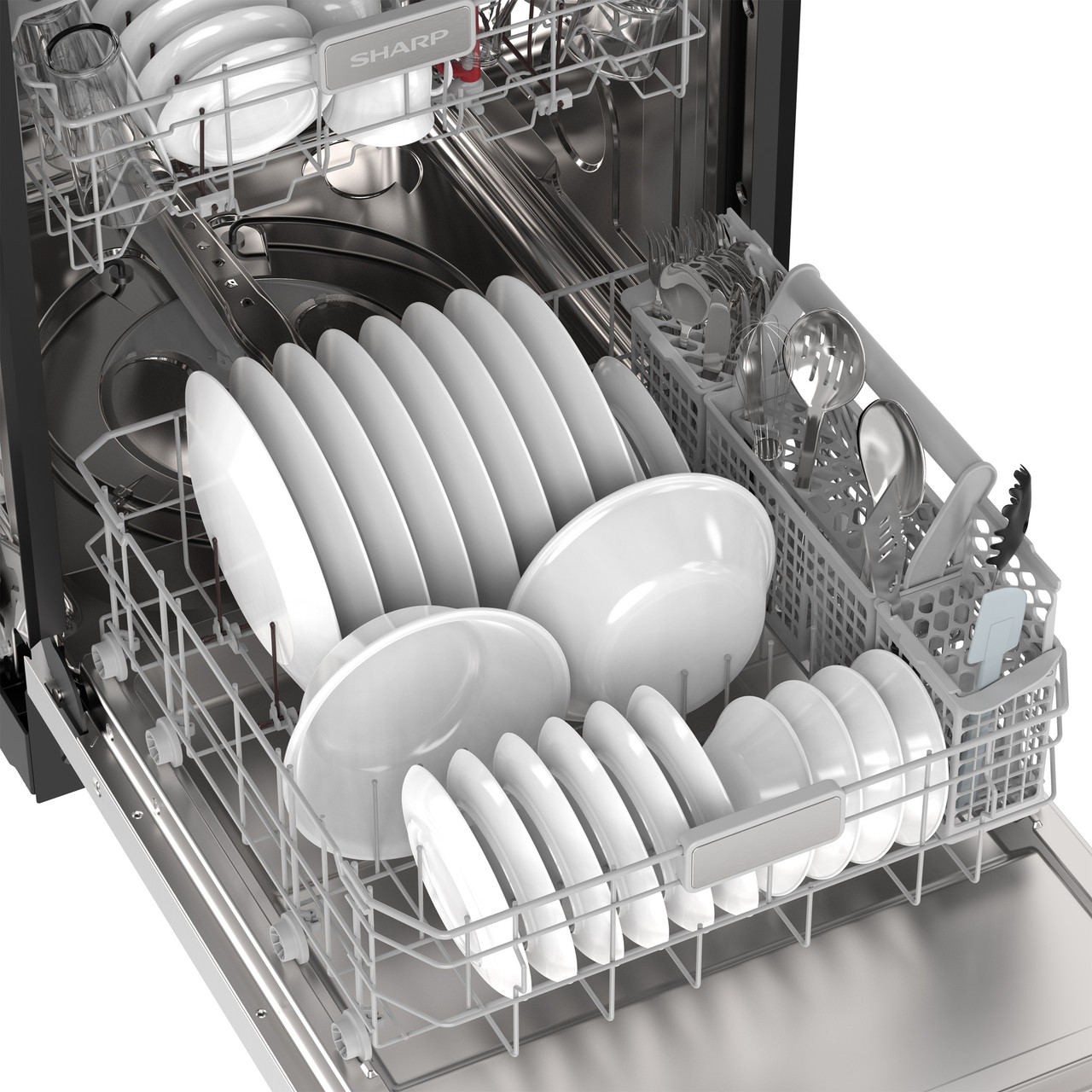Sharp 24 in. Stainless Steel Dishwasher (SDW6768SMS) Lower Rack with Dishes