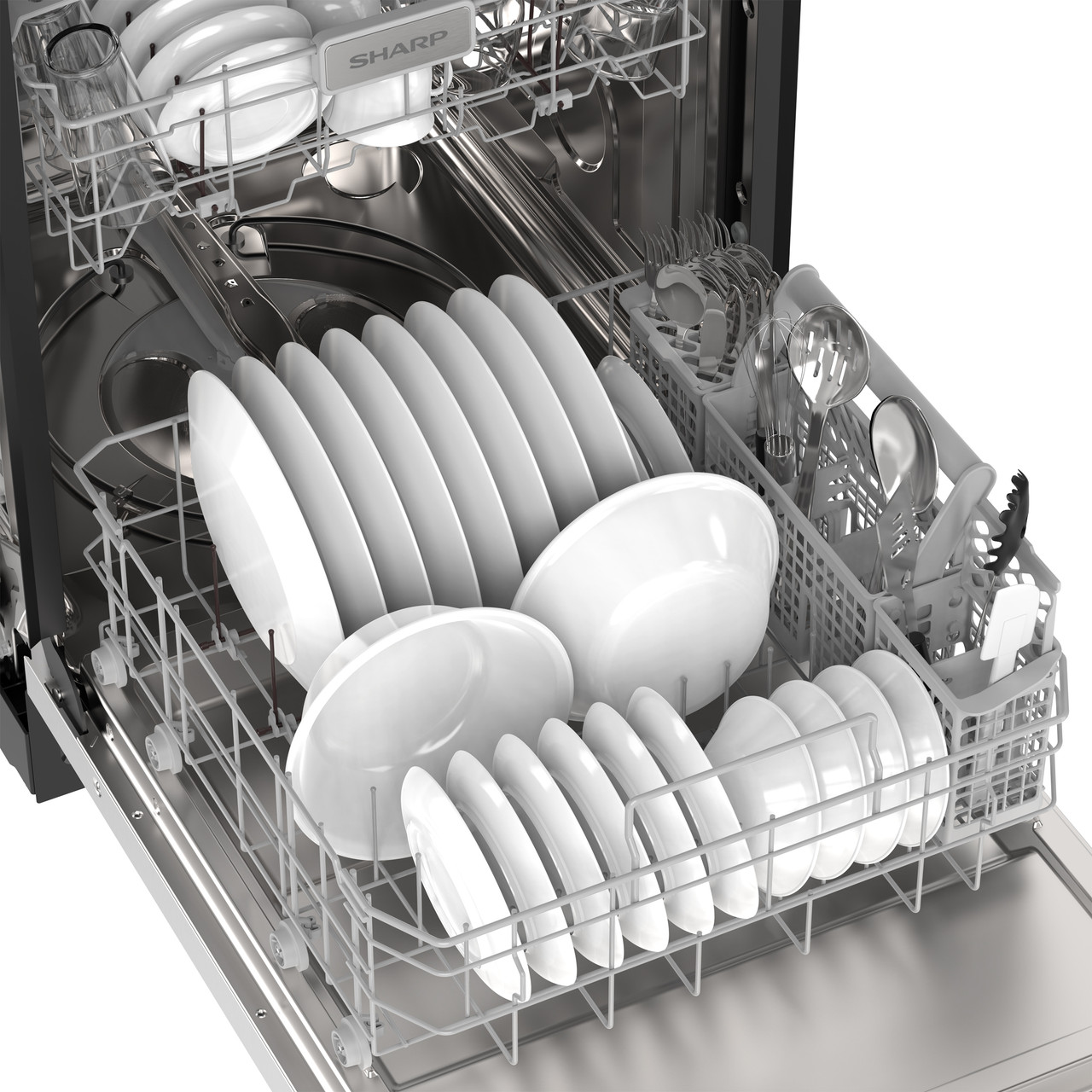 Sharp 24 in. Stainless Steel Dishwasher (SDY6735DNS) Lower Rack Filled