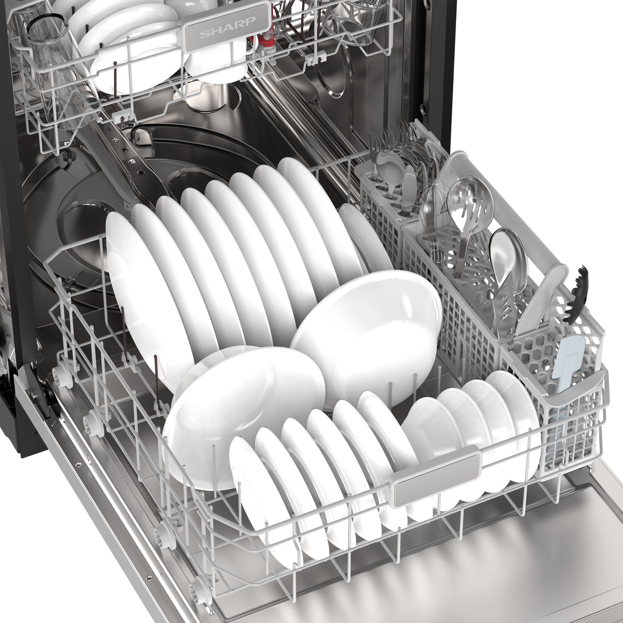 Sharp 24 in. Stainless Steel Dishwasher (SDY6768SMS) Lower Rack with Dishes