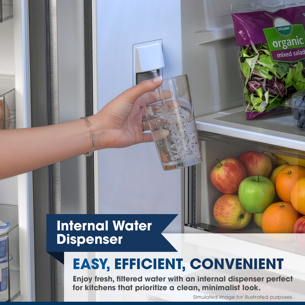 26.5 cu.ft. Counter Depth 36 in. French 3-Door Refrigerator with Internal Water Dispenser in Stainless Steel (SJF2752MS) Water Dispenser Infographic
