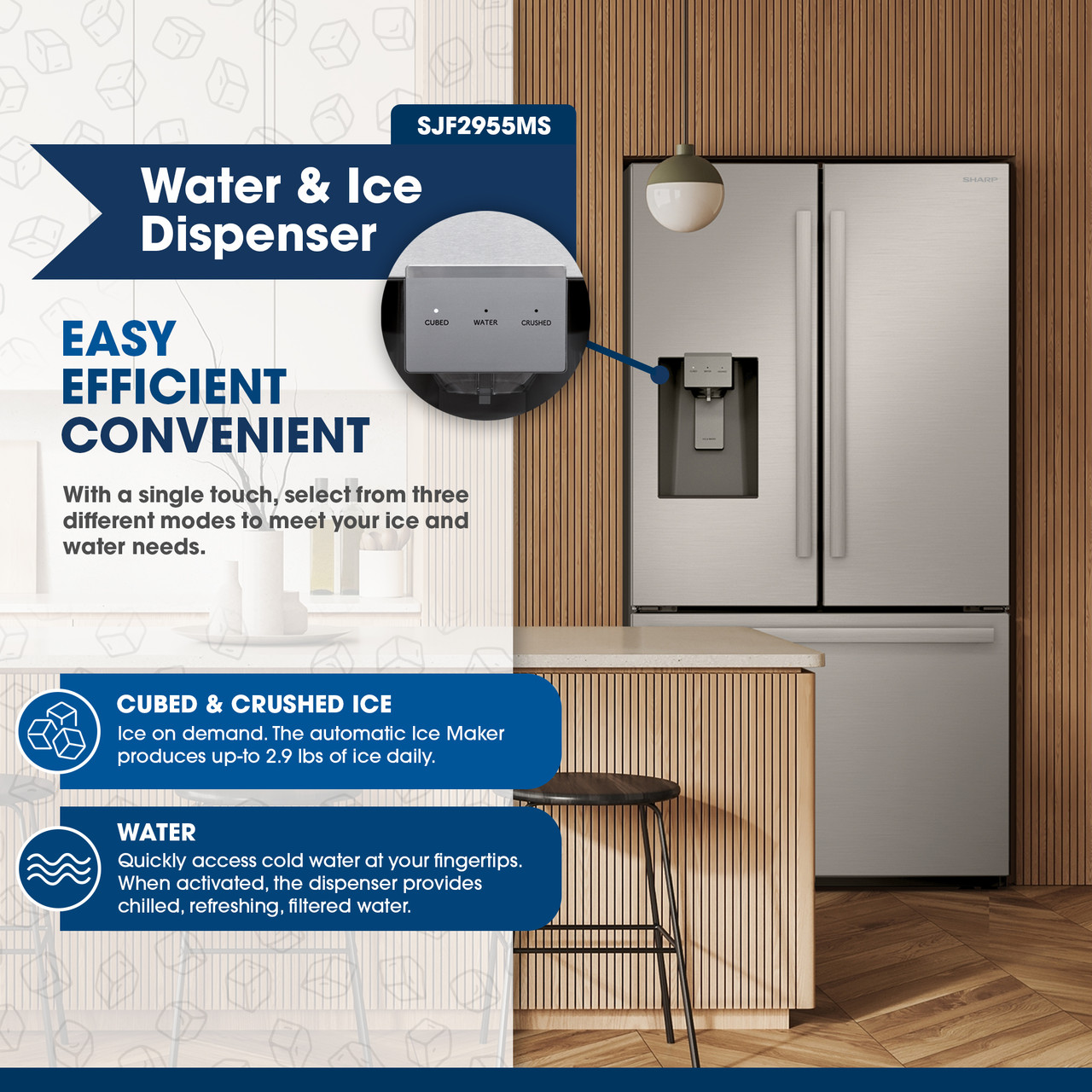 28.9 cu.ft. French 3-Door 36 in. Width Standard Depth Refrigerator with Water Dispenser in Stainless Steel (SJF2955MS) Slide In Shelf