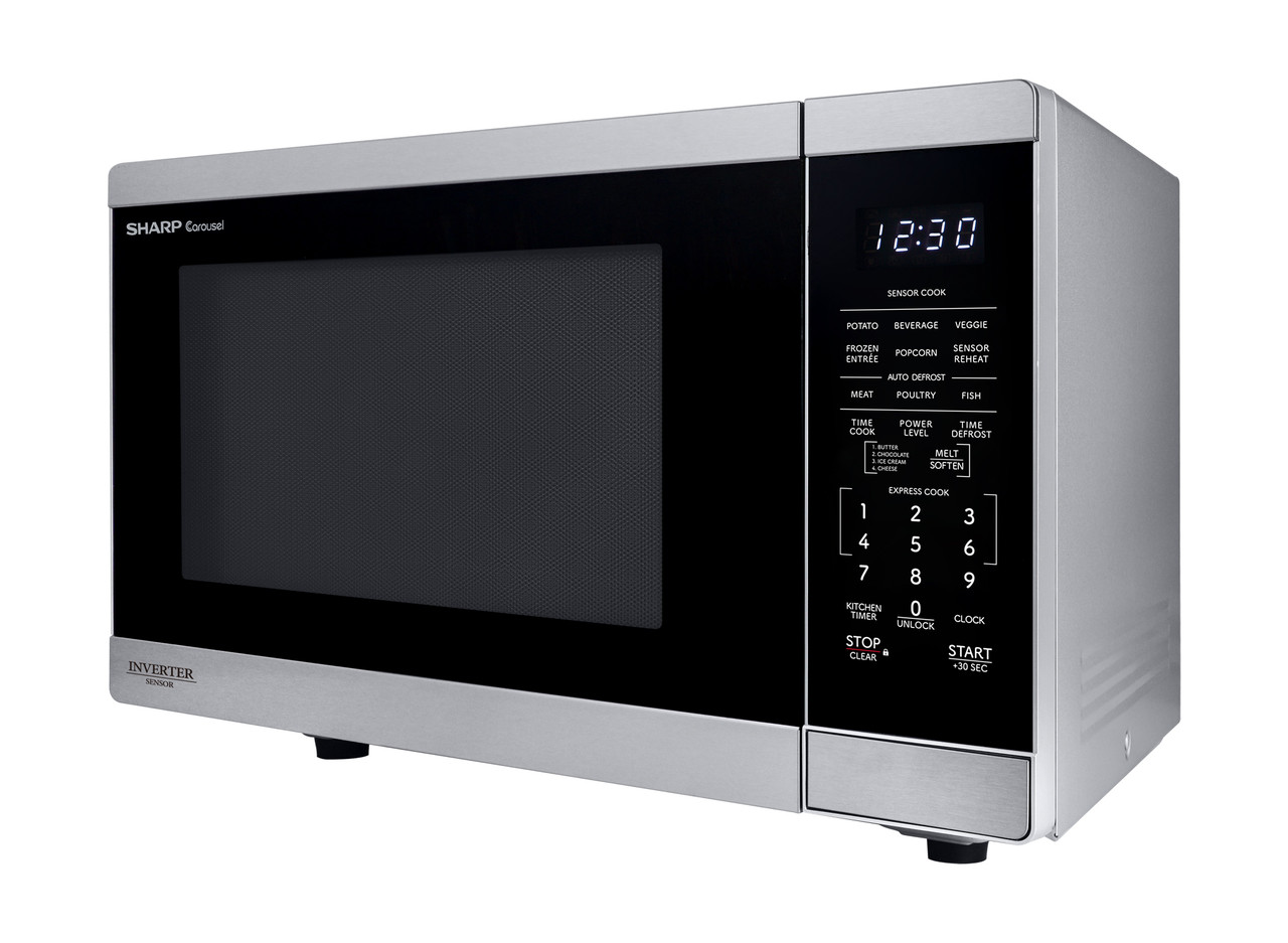 Sharp 1.4 cu. ft. 1100W Stainless Steel Countertop Microwave Oven with Inverter Technology (SMC1464KS) drama angle